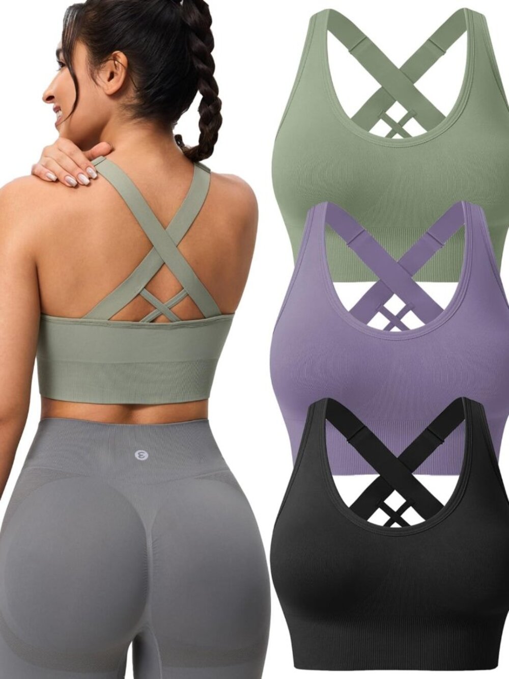 High Support Padded Criss Cross Sports Bras for Women - Seamless 3-5 Pack